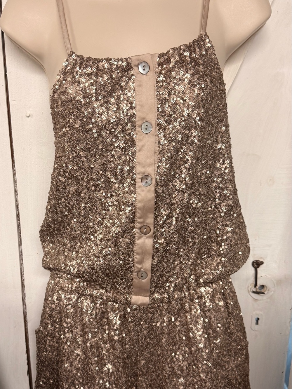 Gypsy Junkies Los Angeles Sequin Spaghetti-Strap Romper in Champagne